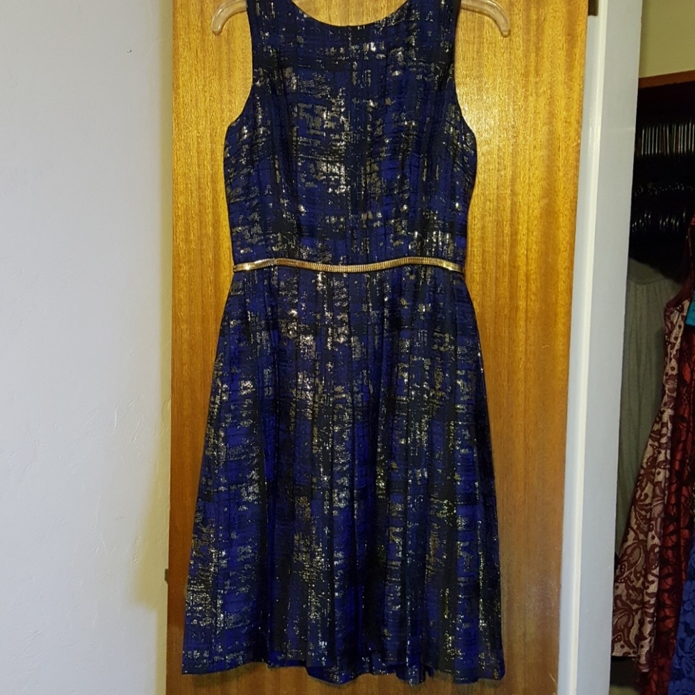 Tahari Blue Gold Shimmery Dress